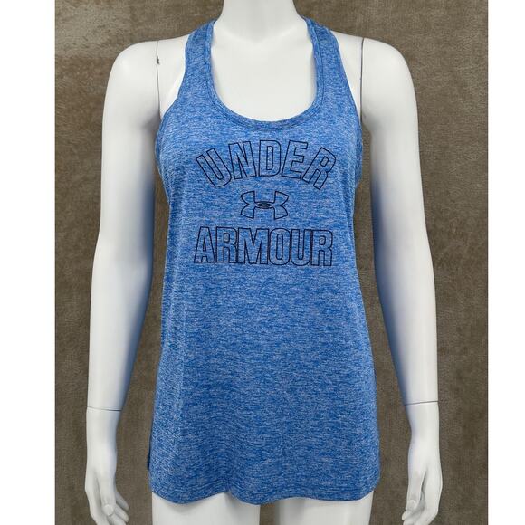Under Armour Top Women Medium Blue Tank Heatgear Logo Graphic Workout Activewear - Picture 1 of 10